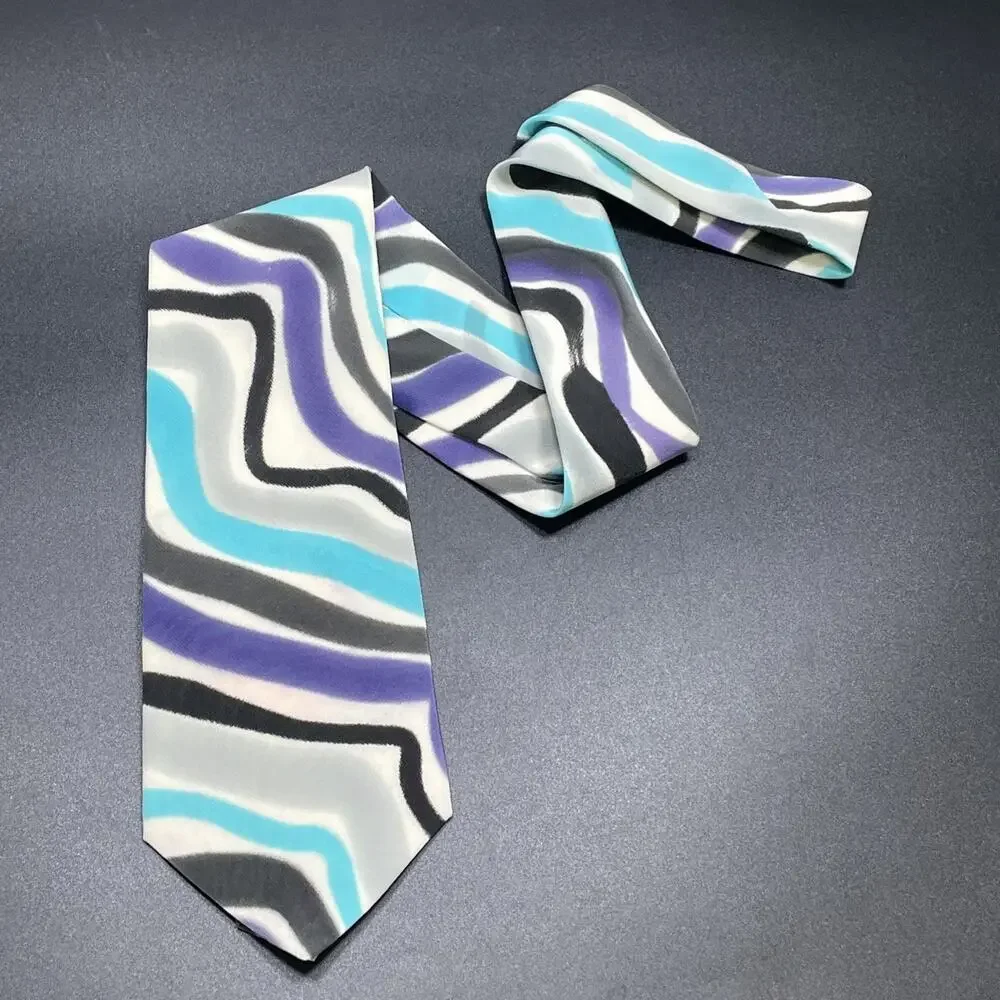 VTG Marienbad Abstract Wavy Necktie Blue Purple Black Designer 3.5” Post Modern